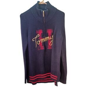 Y2K Tommy Hilfiger Navy Blue Half-Zip Pullover Sweater Medium Preppy Sporty
